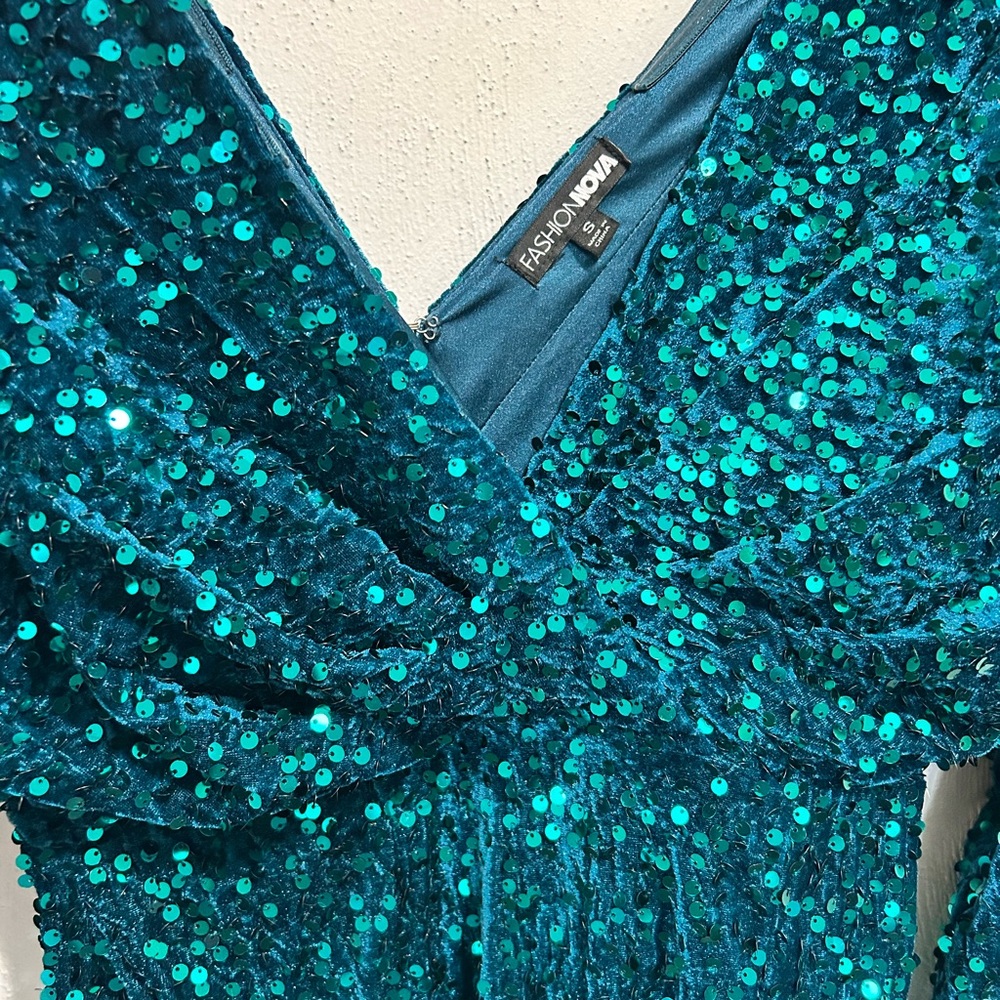 Fashion Nova Teal Sequin Long Sleeve Dress - Picture 3 of 4